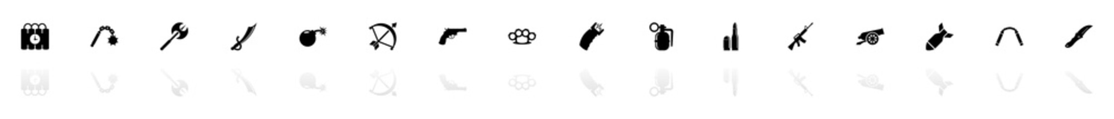 Weapon icons - Black horizontal Illustration symbol on White Background with a mirror Shadow reflection. Flat Vector Icon.