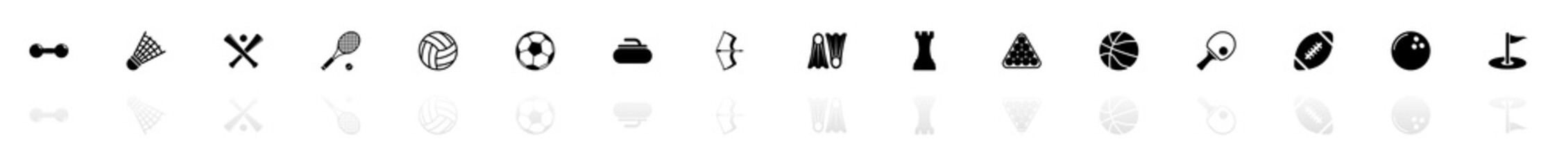 Sport icons - Black horizontal Illustration symbol on White Background with a mirror Shadow reflection. Flat Vector Icon.
