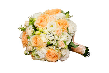 Bouquet of the bride  isolated on white. Beautiful wedding bouquet of orange and white roses.