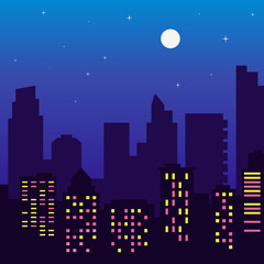 Night silhouette of buildings with colorful windows, full moon,stars, cartoon style