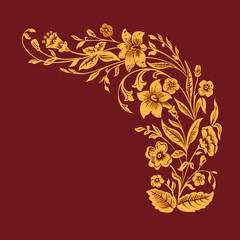 Floral pattern gold painting flowers on burgundy background - 190269345
