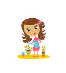 Cute girl is watering the flowers. Vector illustration of flat design