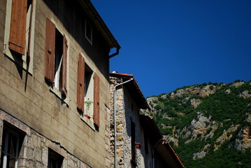 Fototapeta na wymiar A pretty street in the pretty walled town of Villfranche de Conflent in the south of France. This medieval city dates back to the 11th century
