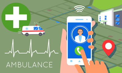 Emergency call concept illustration. Ambulance car, hands dialing number ambulance service operator, hospital building. Modern flat style design