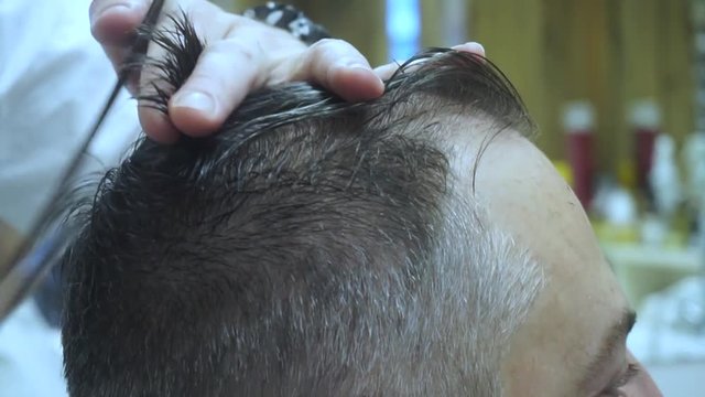 Close up barber cuts the hair in the Barbershop