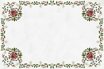 Frame with floral pattern for embroidery tablecloths with pink roses and gentle flowers, berries and leaves 