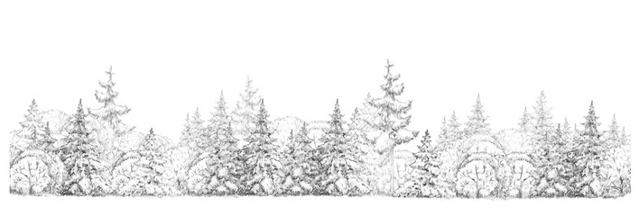 Winter  forest   drawing  in black and white, seamless element, isolated border. - 190272507