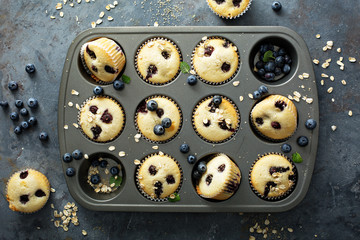 Blueberry muffins in a pan