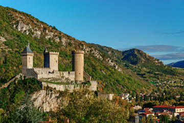 Obraz premium View to old medieval castle and beautiful autumnal valley, sunset, Foix