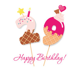 Happy Birthday card. Festive sweet numbers 29. Coctail straws. Funny decorative characters. Vector