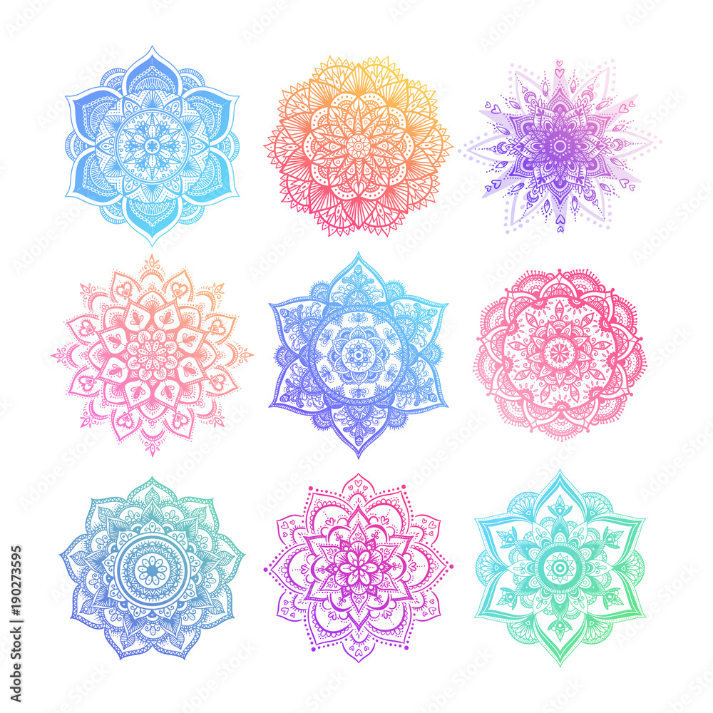 Wall mural Set of round gradient mandala on white isolated background. Vector hipster mandala in green, red, blue, violet and pink colors. Mandala with floral patterns. Yoga template.