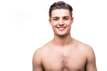 Fototapeta premium Close up portrait of handsome topless man isolated on white background