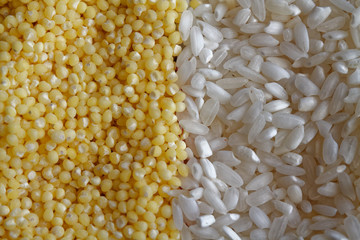 Yellow grain millet with white rice as texture or background The concept of proper nutrition and healthy lifestyle. Top view, close-up as background or texture