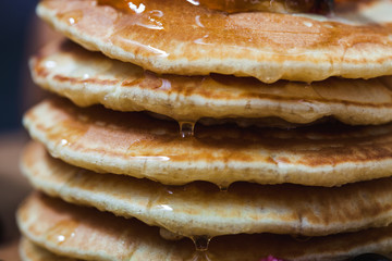 Pancakes Close-up Menu , restaurant recipe concept. Served in.