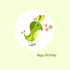 Cartoon birthday card with cute bird and bouquet. Vector illustration