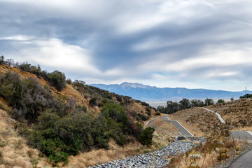 Development meets the forest in California suburban community with mountain background