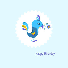 Cartoon birthday card with cute bird and bouquet. Vector illustration