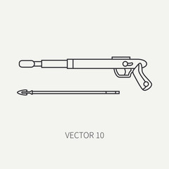 Line flat plain vector diver underwater equipment icon harpoon gun. Retro style. Ocean, sea beach. Snorkeling. Summer adventure vacation. Scuba. Illustration, element for your design and wallpaper.