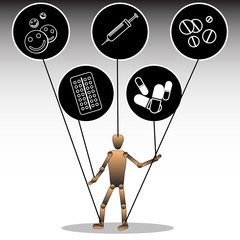 An illustration on the topic of dependence on pharmaceuticals. A puppet tied to icons with medical preparations. Vector graphics