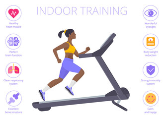 Beautiful black woman is running on the treadmill. Flat vector illustration of athletic young girl in the sportswear doing exercises on the treadmill. Indoor training concept isolated on white.