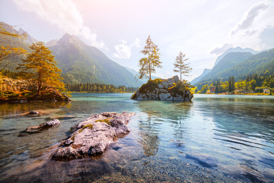 Amazing sunny summer day on the Hintersee lake in Austrian Alps, Europe. Landscape photography