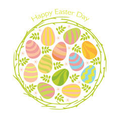 Happy Easter card design with painted eggs and wreath from twigs. Colorful vector illustration isolated on white background