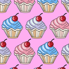 Pattern with colorful mafins on a pink background