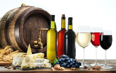 Naklejka premium Still-life with wine, cheeses and fruits.