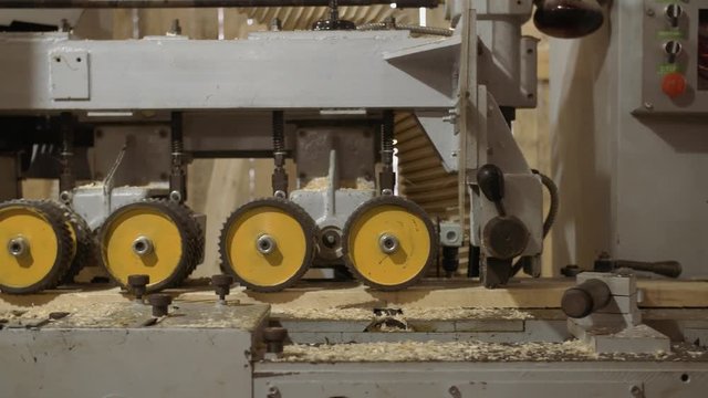 Running spiked wheels of lumber refiner machine working on wood at sawmill production, close up
