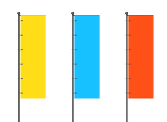 set of banner flags templates isolated on white background. mock up of realistic trade exhibition stand displays. blank event flags. beach flag mockup