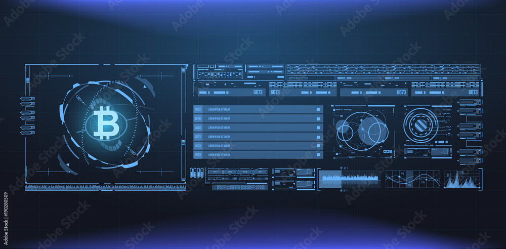 Poster bitcoin technology abstract visualization. futuristic aesthetic design. bitcoin background with hud 