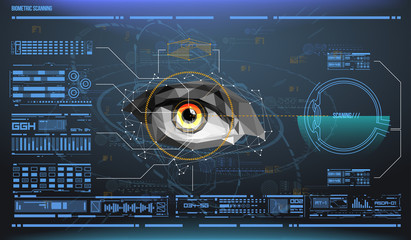 eye in process of scanning. Biometric scan with futuristic HUD interface. Control and security in the accesses. Surveillance system, immersive technology