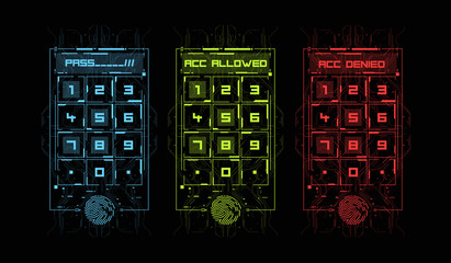 Finger Scan in Futuristic Style. Biometric id with Futuristic HUD Interface. Fingerprint Scanning Technology Concept Illustration. Control panel with password.