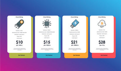 Set of offer tariffs for for cryptocurrency mining. ui ux vector banner for web app. set of pricing table, order, box, button, list with plan for website in flat design.