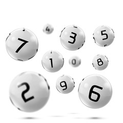 Vector lotto white balls with numbers. Falling lottery bingo gambling spheres. Snooker, billiard sport game realistic isolated illustration with reflections on white background.