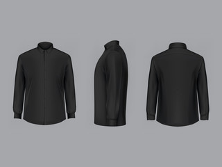 Vector realistic black male shirt with long sleeves and buttons, clean and ironed, in front, back and side view, isolated on background. Mockup of formal or casual clothes, template for your design