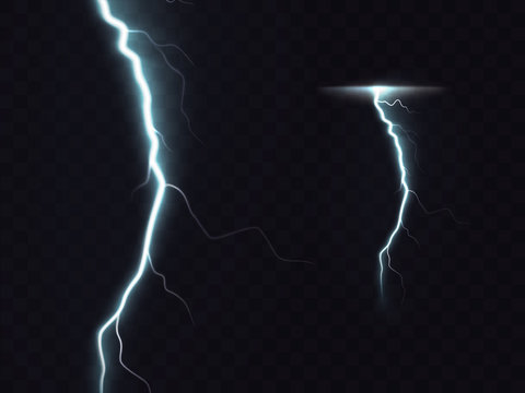 Vector illustration of 3d realistic lightning or thunderbolt isolated on night translucent background. Bright flash of light, high voltage strike, electric discharges, a dangerous natural phenomenon