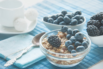 Ripe blueberries and blackberries on white background in white ceramic bowls with granola. Morning healthy Breakfast.