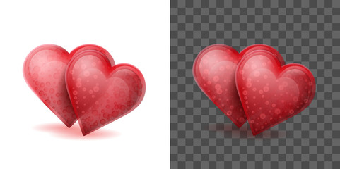 Two red crystal hearts joined together on the white background. Glass Valentine symbols on the transparent effect background. Vector illustration