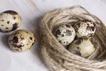 Quail eggs in a coffee cup and a bird nest with leaves on a white wooden background