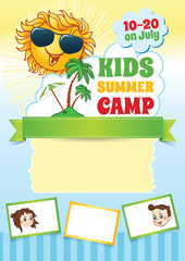 Summer Kid Camp Template, vector background with cartoon smiling sun and text blocks