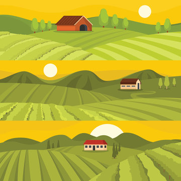 Vineyard wine grapes hills banner horizontal concept set. Flat illustration of 3 vineyard wine grapes hills vector banner horizontal concepts for web