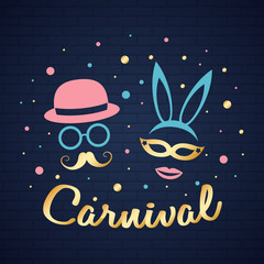 Fototapeta premium Concept of a poster with masks in retro style for Carnival Party. Vector.