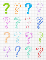 Big collection of hand drawn question marks - icons. Vector.