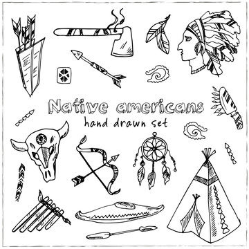 Hand drawn doodle native americans set.