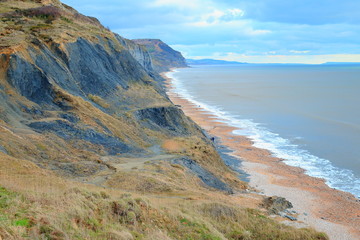Beach on the Jurassic Coast near village of Charmouth famous by fossils
