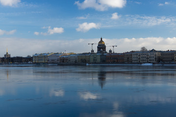 Ice flow on the Neva river and Isaac Cathedral in St.Petersburg, Russia