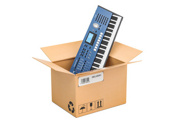 Synthesizer inside parcel, delivery concept. 3D rendering