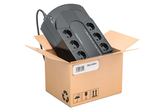 Uninterruptible power supply UPS  inside cardboard box, delivery concept. 3D rendering