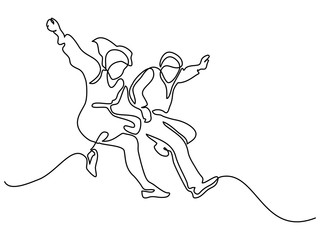 Happy jumping couple. Continuous line drawing. Vector illustration on white background